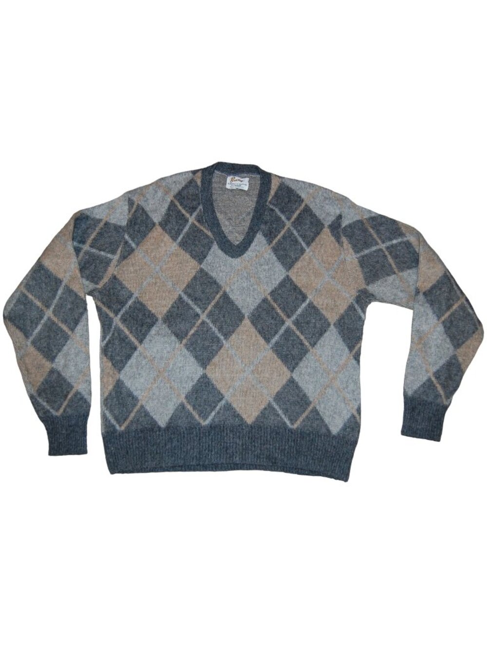 Vintage 1960s Barclay Argyle Acrylic Mohair Knit V Neck Sweater Adult MEDIUM/LAR